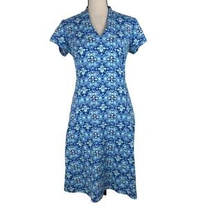 J McLaughlin Dress Womens XS Blue Green Retro Print Short Sleeve V-Neck Midi